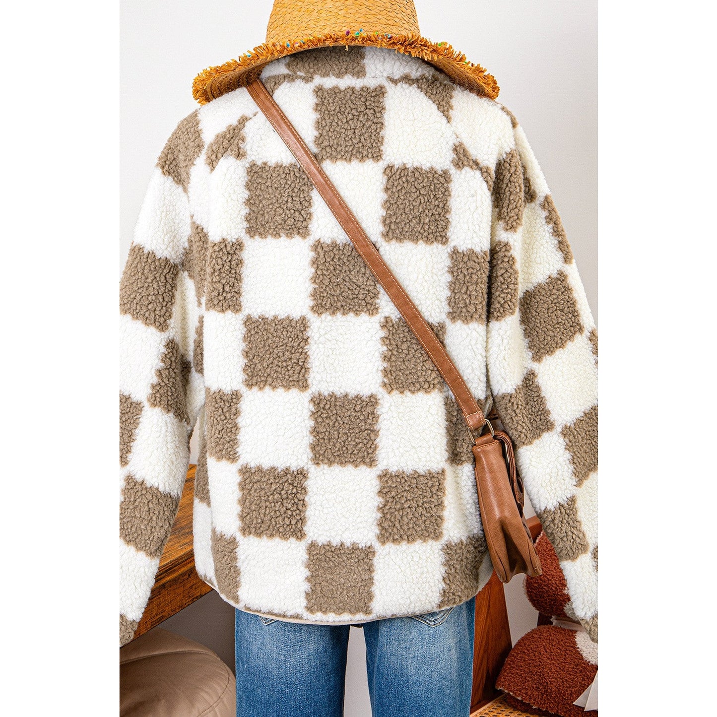 Marci Brown Checked Snap Button Sherpa Jacket