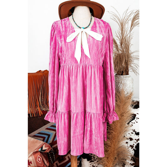 Maree Strawberry Pink Flounce Sleeve Tiered Ruffled Velvet Mini Dress