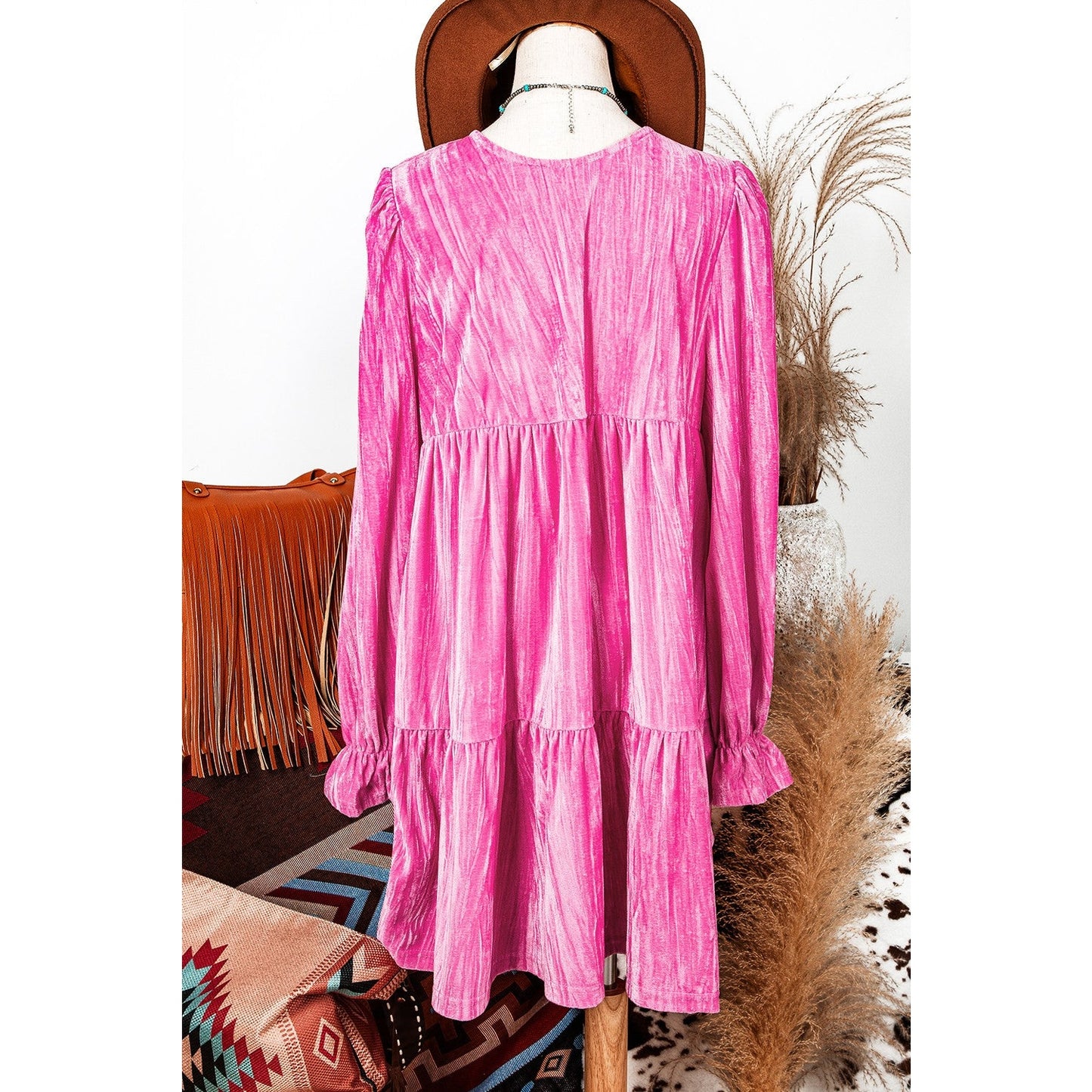 Maree Strawberry Pink Flounce Sleeve Tiered Ruffled Velvet Mini Dress