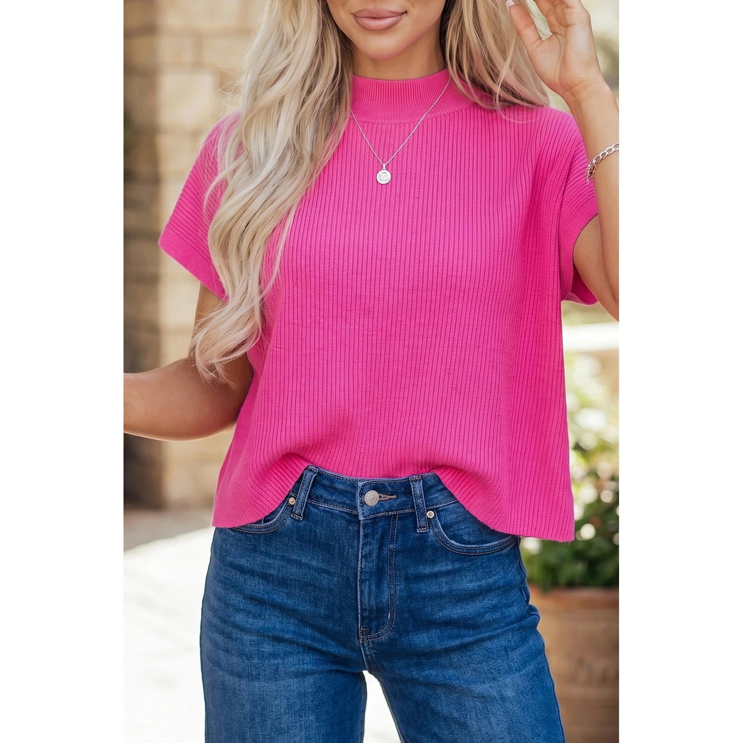 Maren Bright Pink Solid Color Ribbed Knit Mock Neck Loose Short Sleeve Sweater