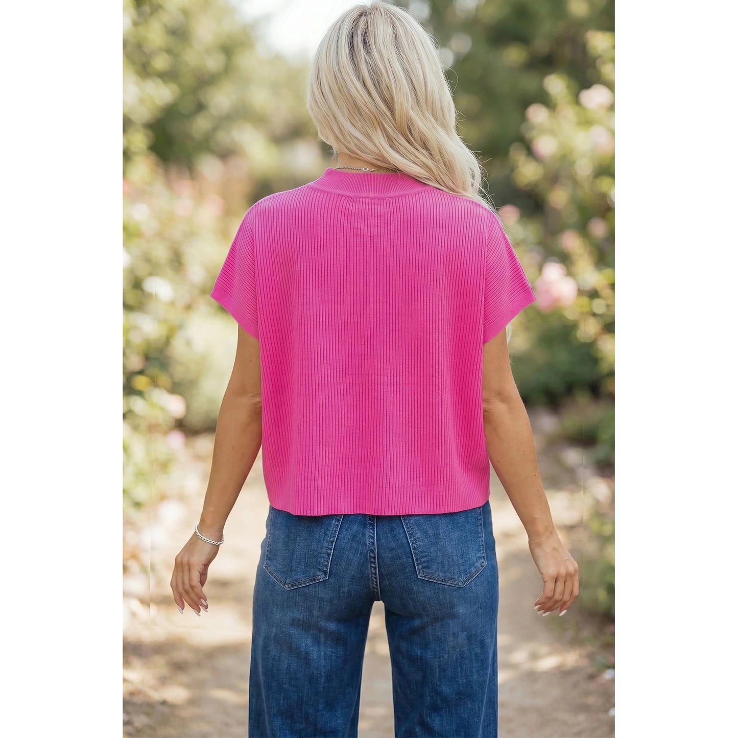 Maren Bright Pink Solid Color Ribbed Knit Mock Neck Loose Short Sleeve Sweater