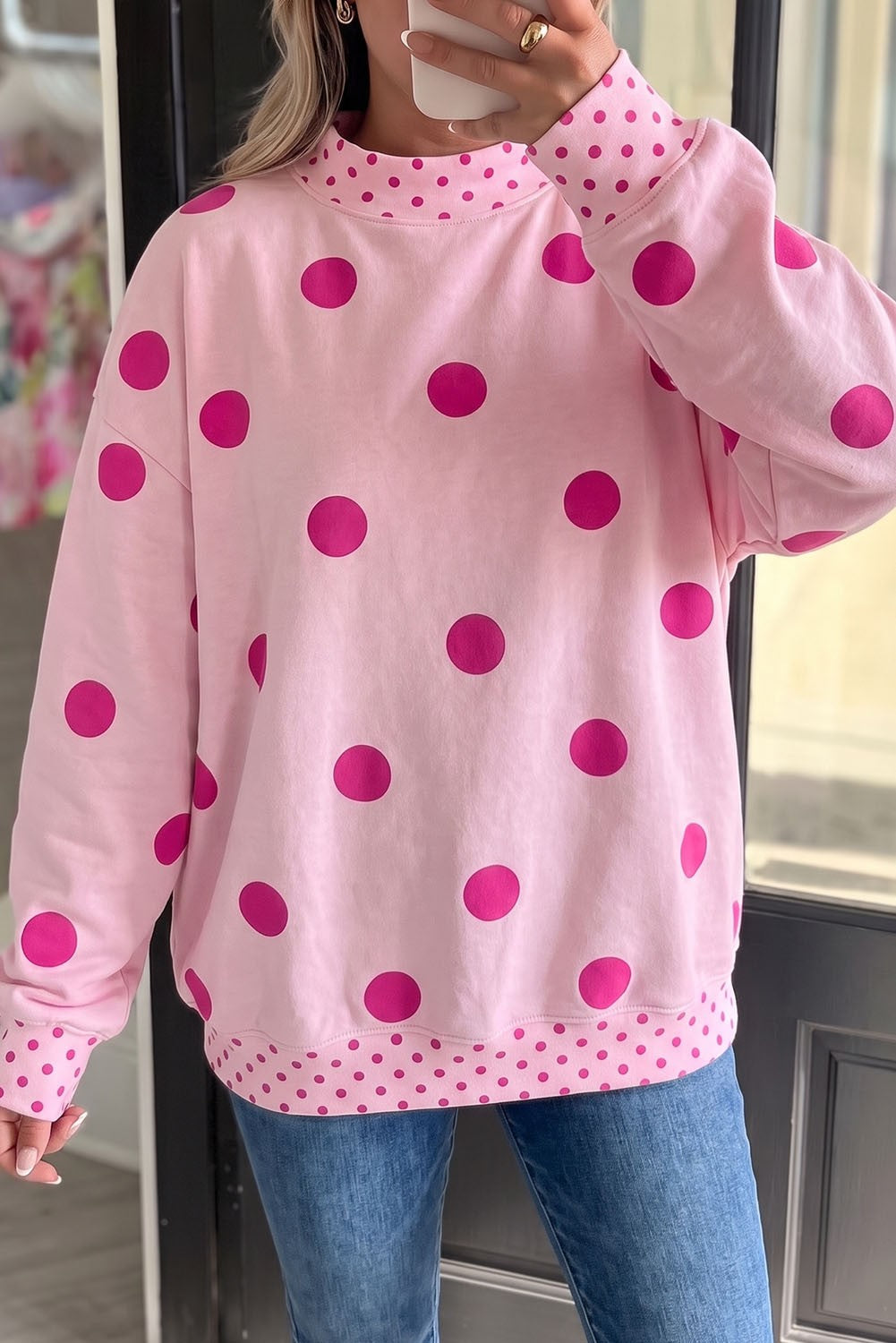 Margaret Pink Polka Dot Print Contrast Detail Oversized Tunic Sweatshirt
