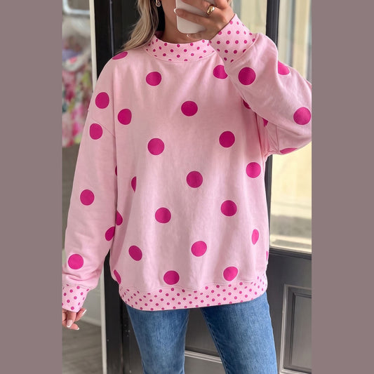 Margaret Pink Polka Dot Print Contrast Detail Oversized Tunic Sweatshirt