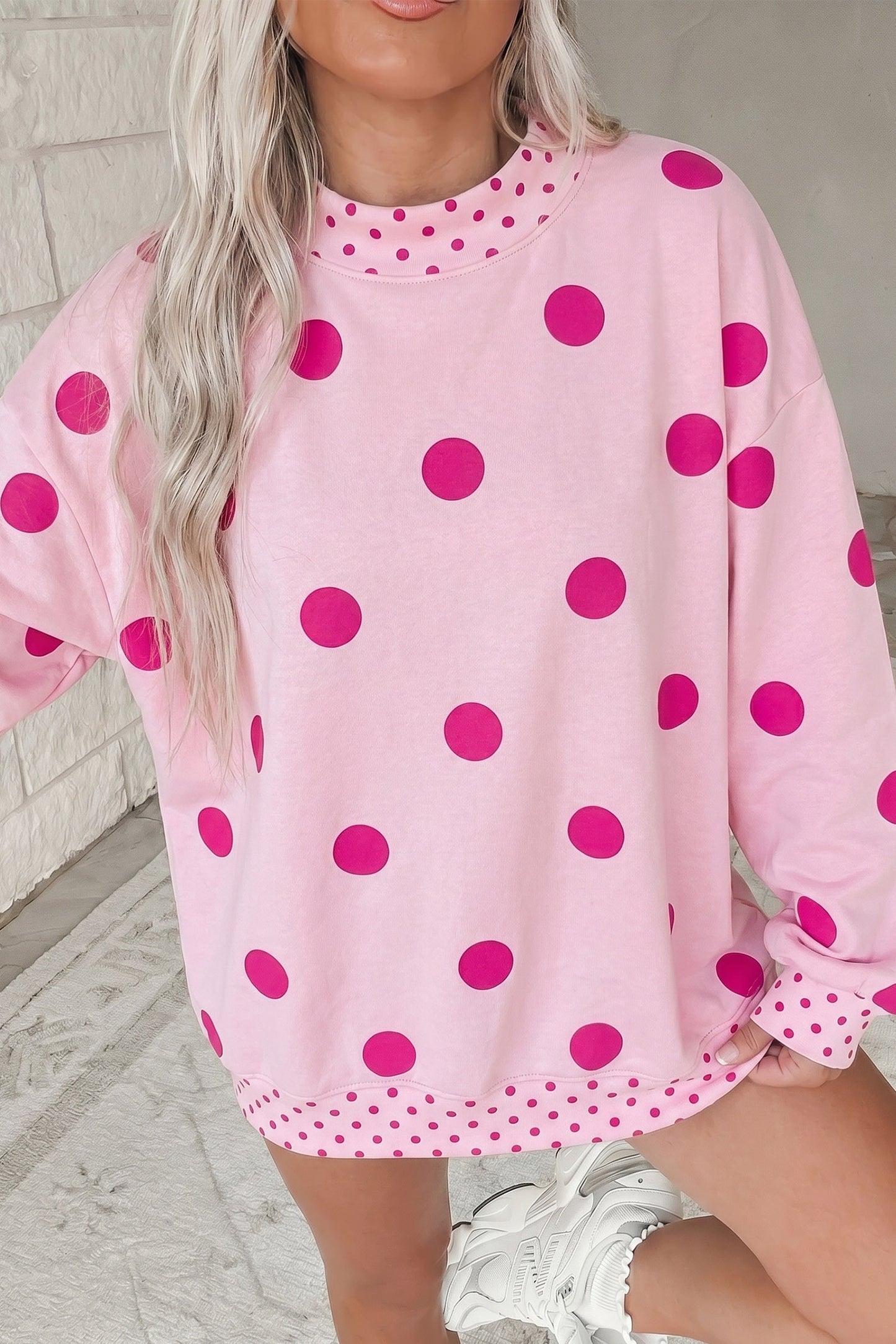 Margaret Pink Polka Dot Print Contrast Detail Oversized Tunic Sweatshirt