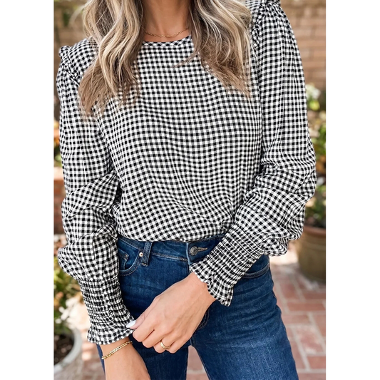 Margery Black Plaid Shirred Cuff Long Sleeve Round Neck Blouse