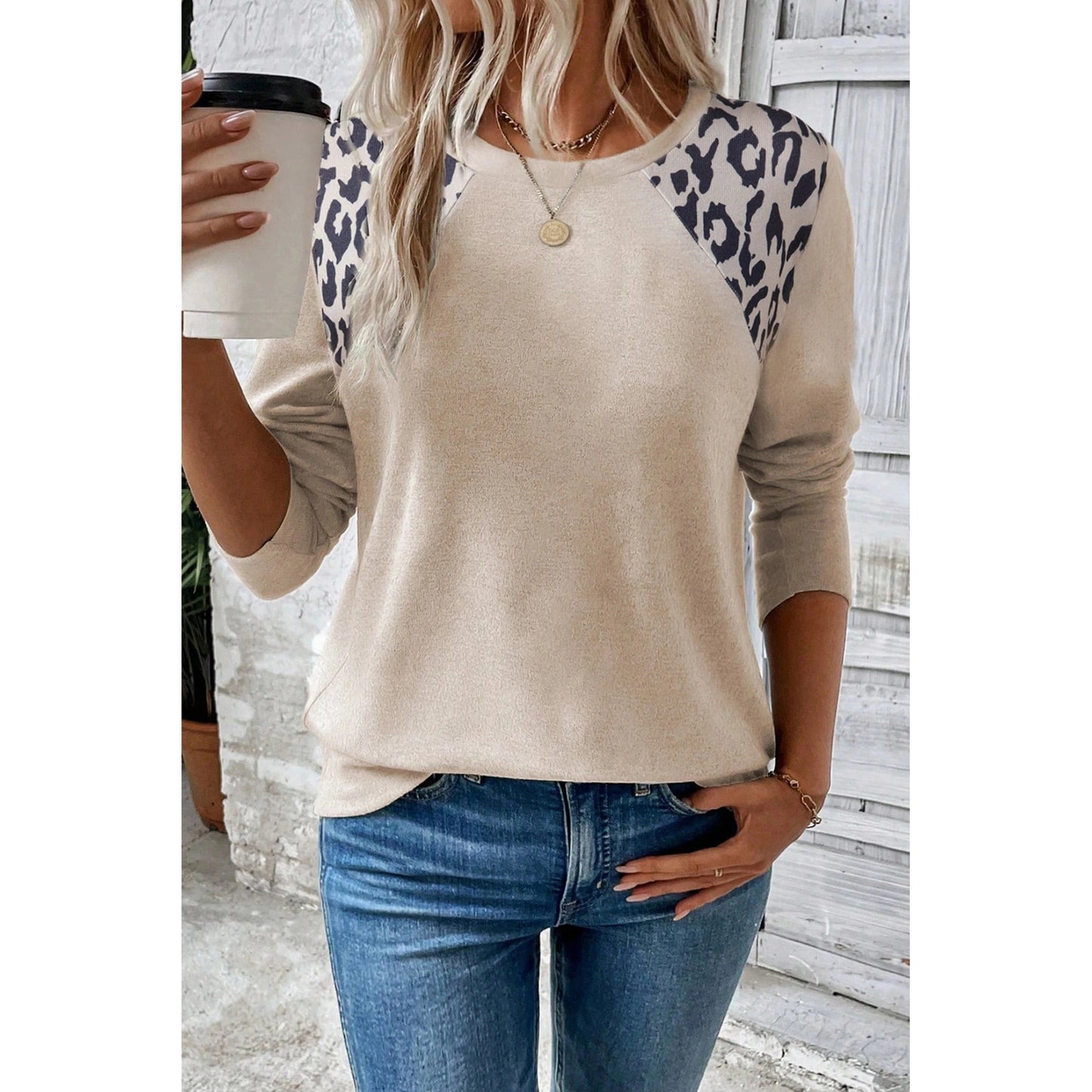 Margo Beige Leopard Print Detail Round Neck Long Sleeve Top