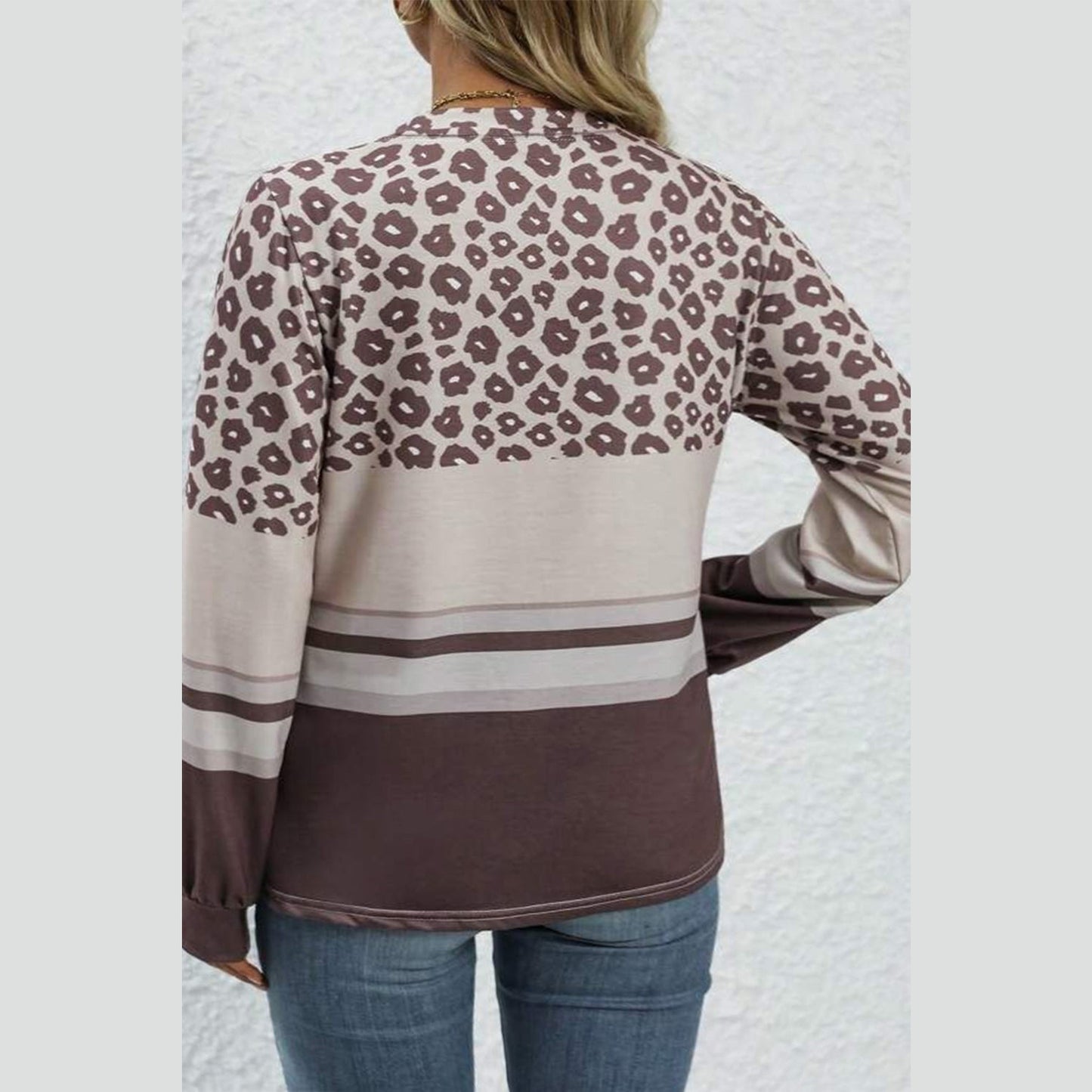 Margo Coffee PLUS SIZE Leopard Striped Long Sleeve Crew Neck Top