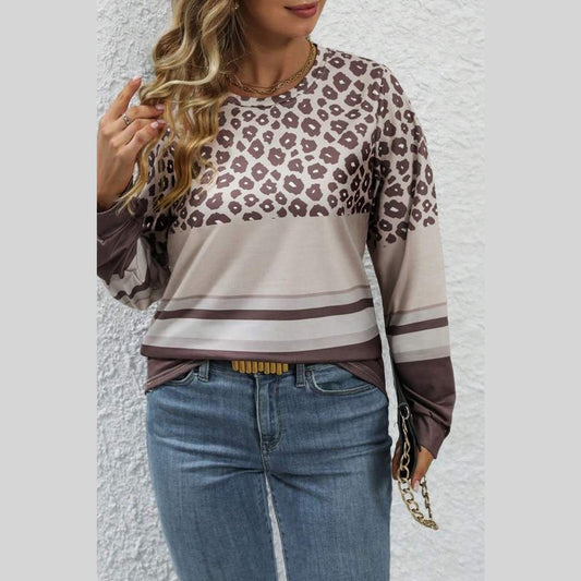 Margo Coffee PLUS SIZE Leopard Striped Long Sleeve Crew Neck Top