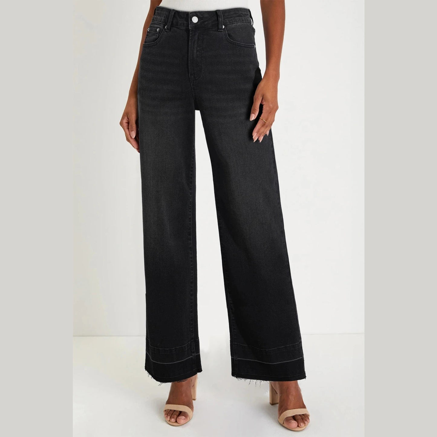 Mari Black Raw Hem Unique Cuffs Straight High Rise Loose Jeans