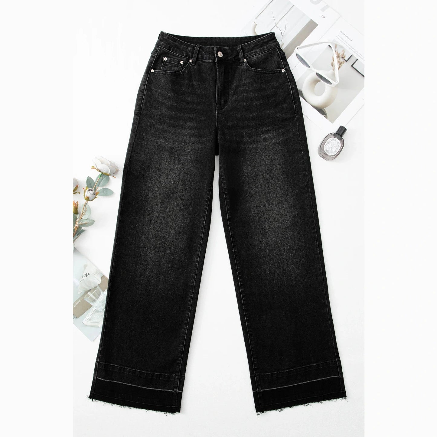 Mari Black Raw Hem Unique Cuffs Straight High Rise Loose Jeans
