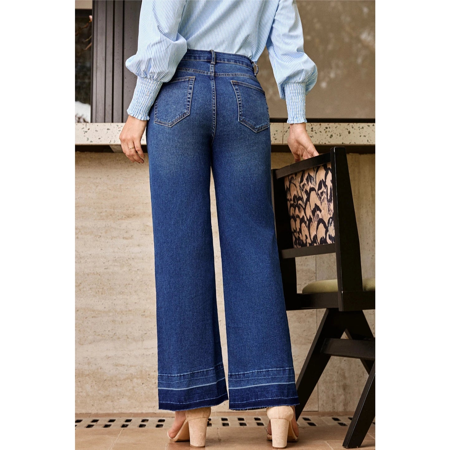 Mari Navy Blue Raw Hem Unique Cuffs Straight High Rise Loose Jeans Raw Hem Unique Cuffs Straight High Rise Loose Jeans