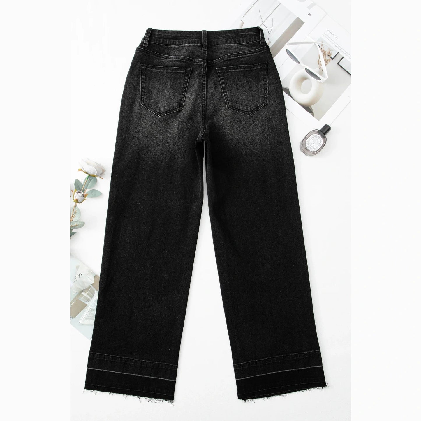 Mari Black Raw Hem Unique Cuffs Straight High Rise Loose Jeans