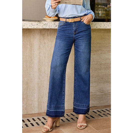 Mari Navy Blue Raw Hem Unique Cuffs Straight High Rise Loose Jeans Raw Hem Unique Cuffs Straight High Rise Loose Jeans
