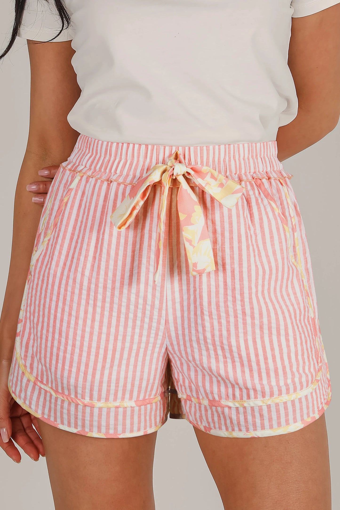 SALE!!!  Mariah Light Pink Floral Trim Ribbon Knot Striped Casual Shorts