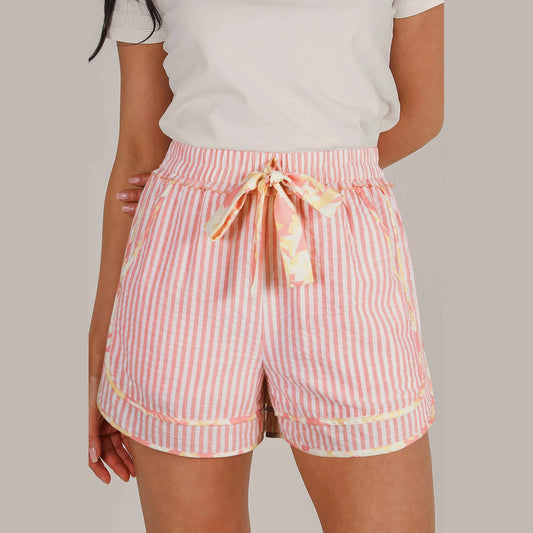 SALE!!!  Mariah Light Pink Floral Trim Ribbon Knot Striped Casual Shorts