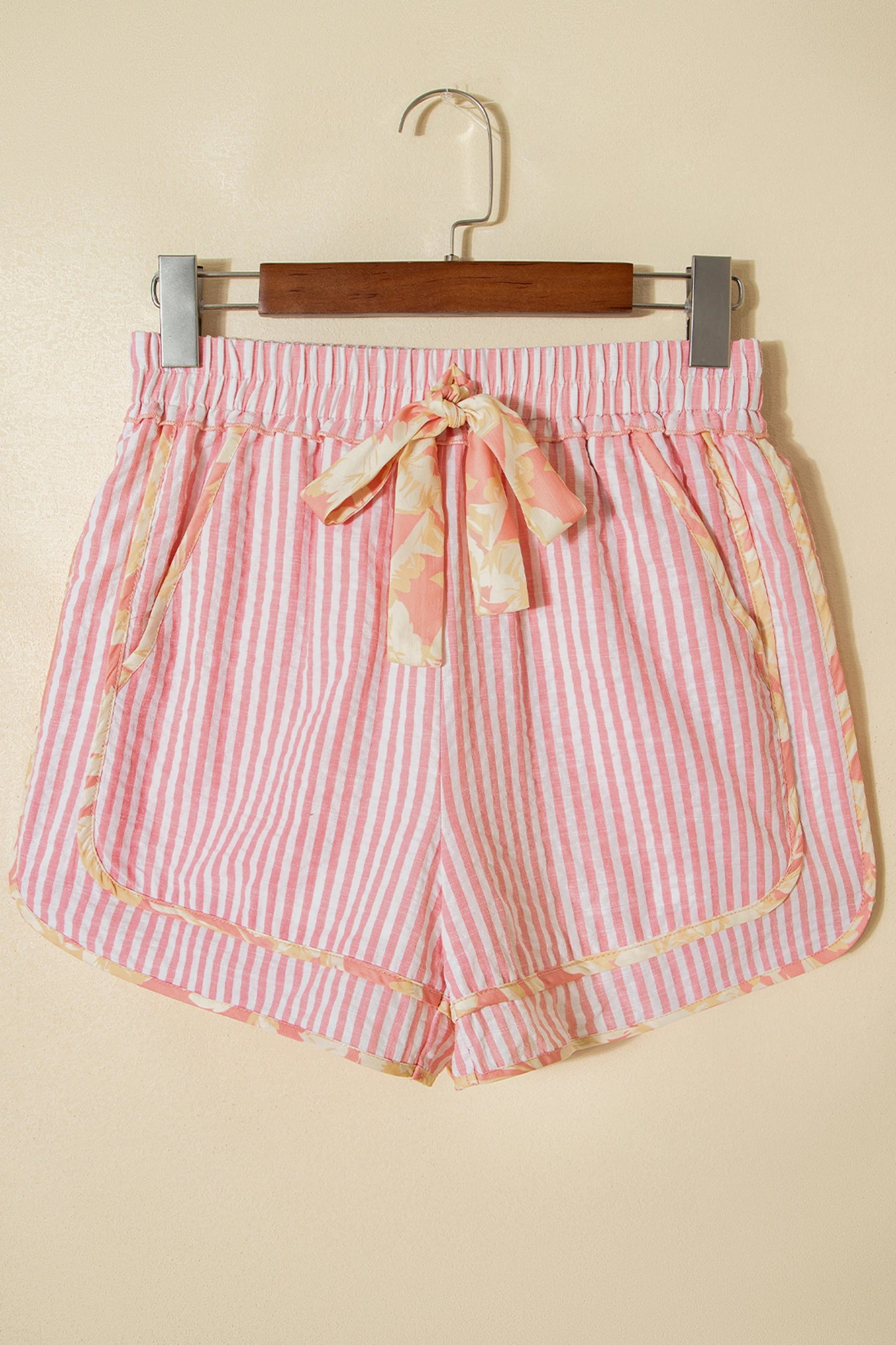 SALE!!!  Mariah Light Pink Floral Trim Ribbon Knot Striped Casual Shorts