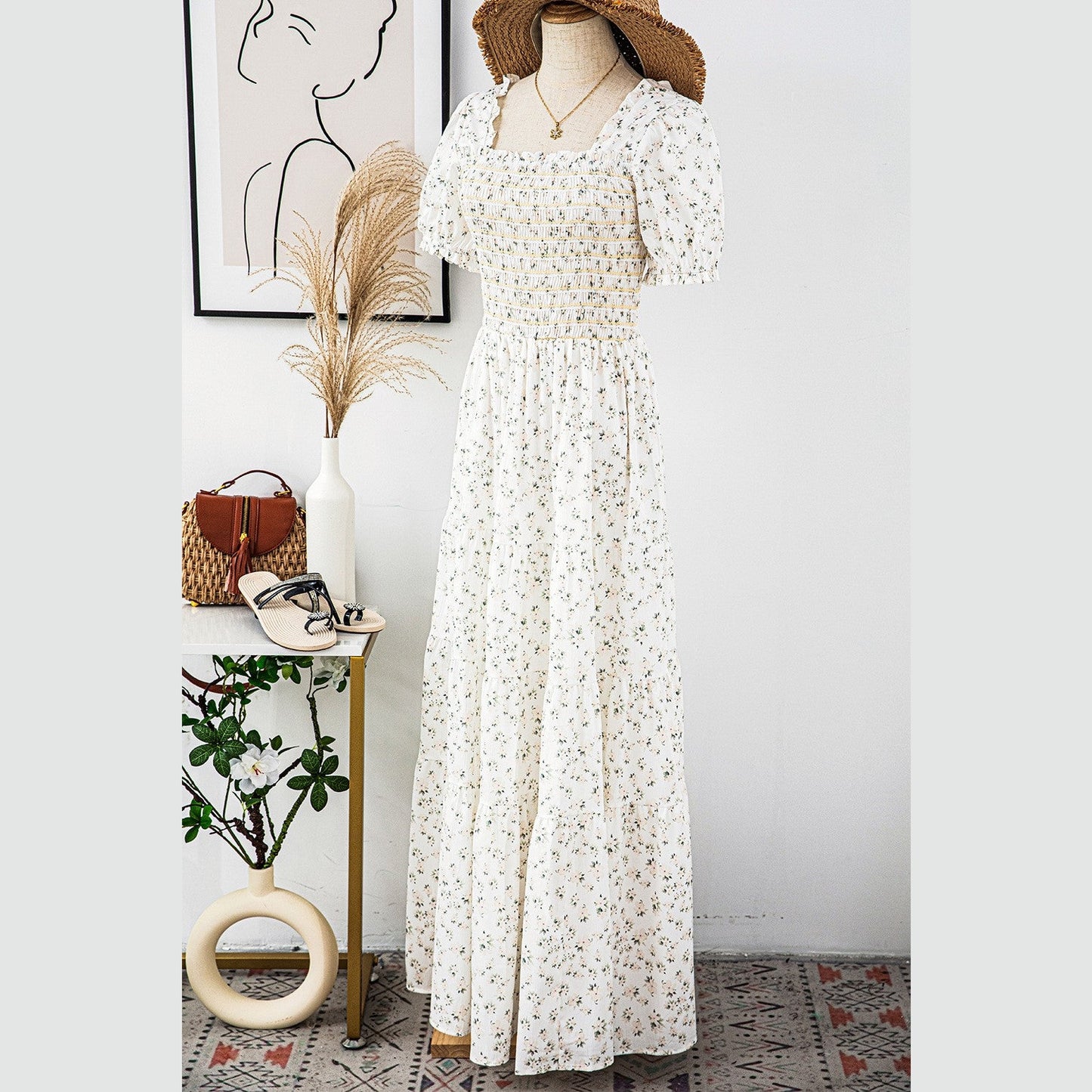 Maribelle White Frilly Shirred Bodice Tiered Floral Maxi Dress