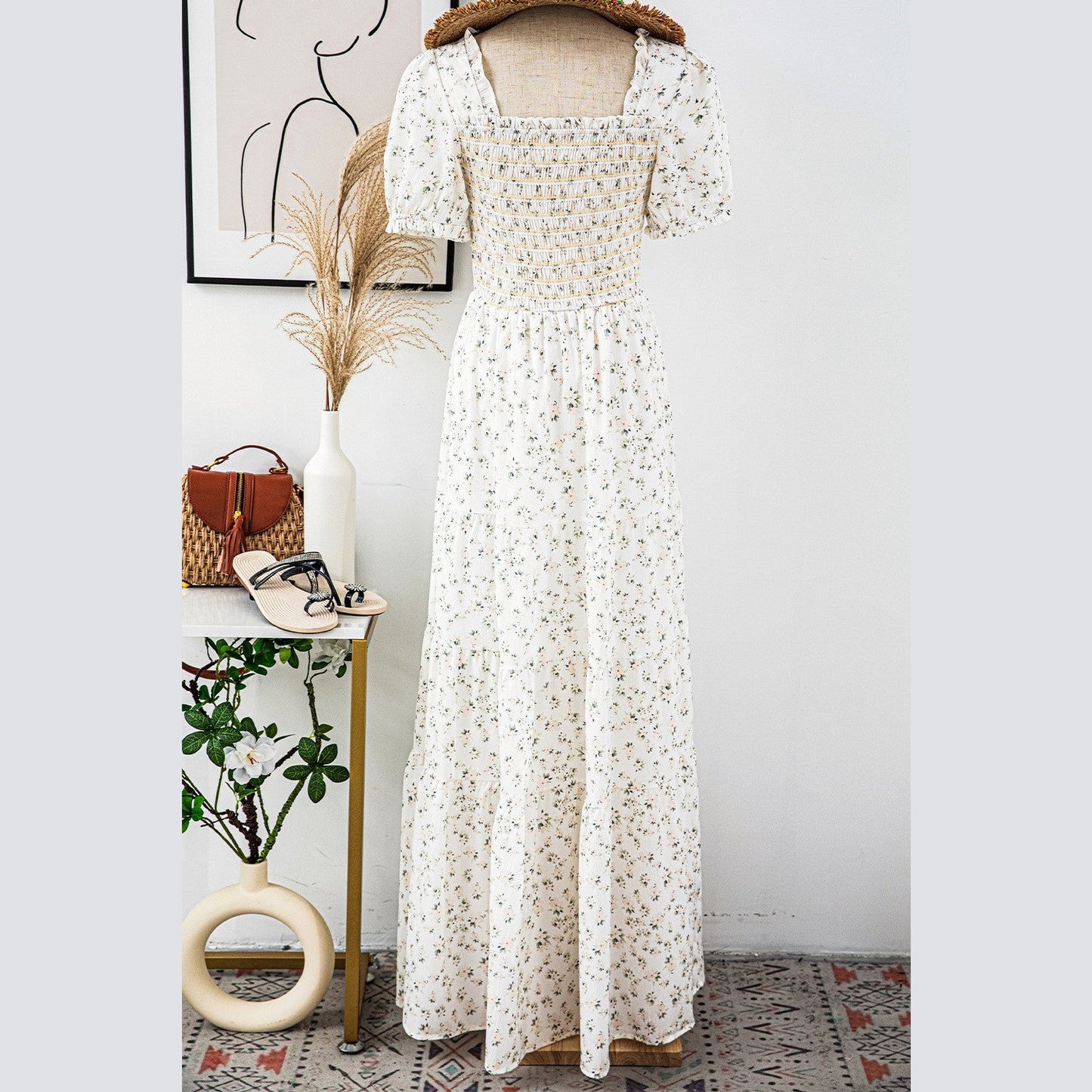 Maribelle White Frilly Shirred Bodice Tiered Floral Maxi Dress