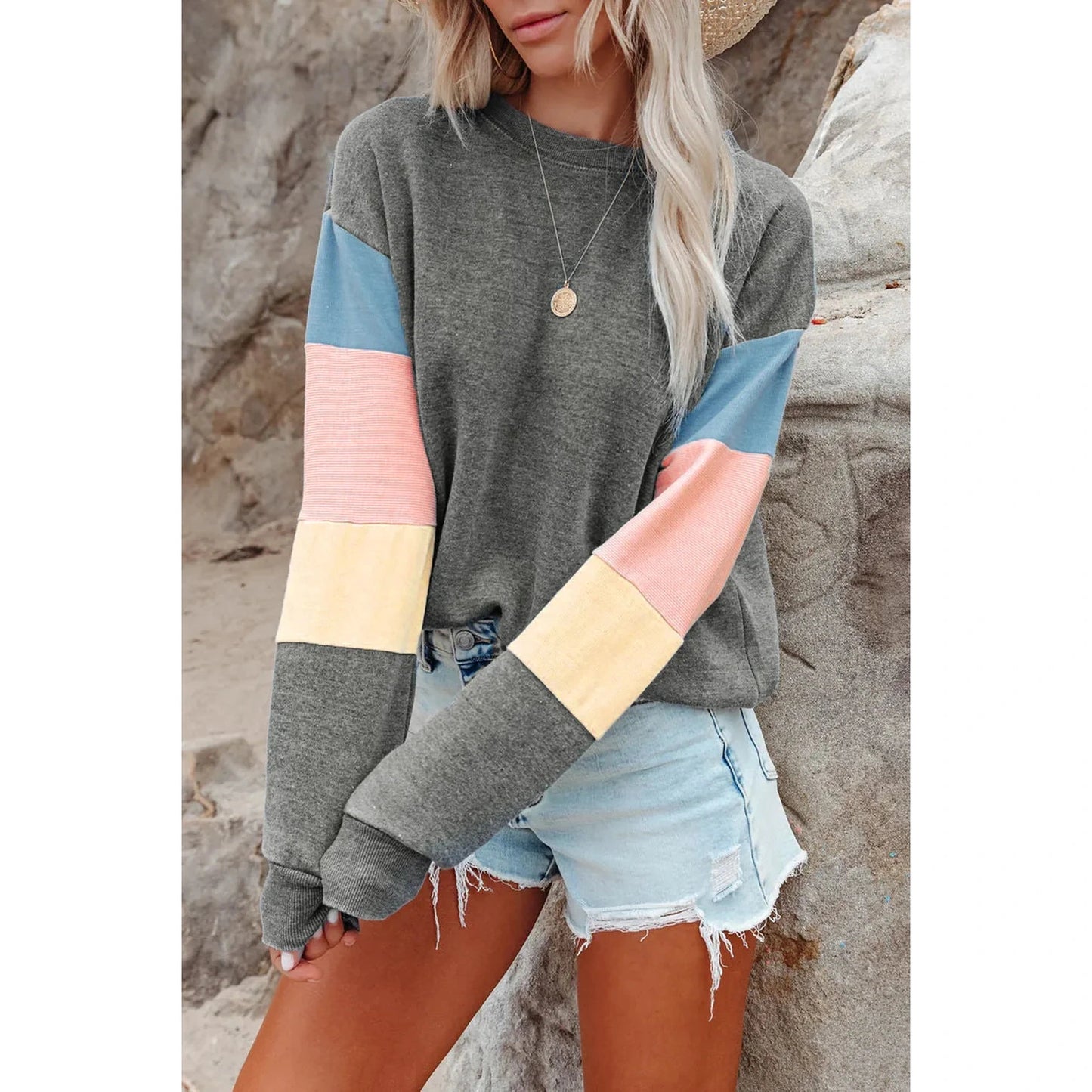 Marimar Grey Color Block Round Neck Long Sleeve Sweatshirt