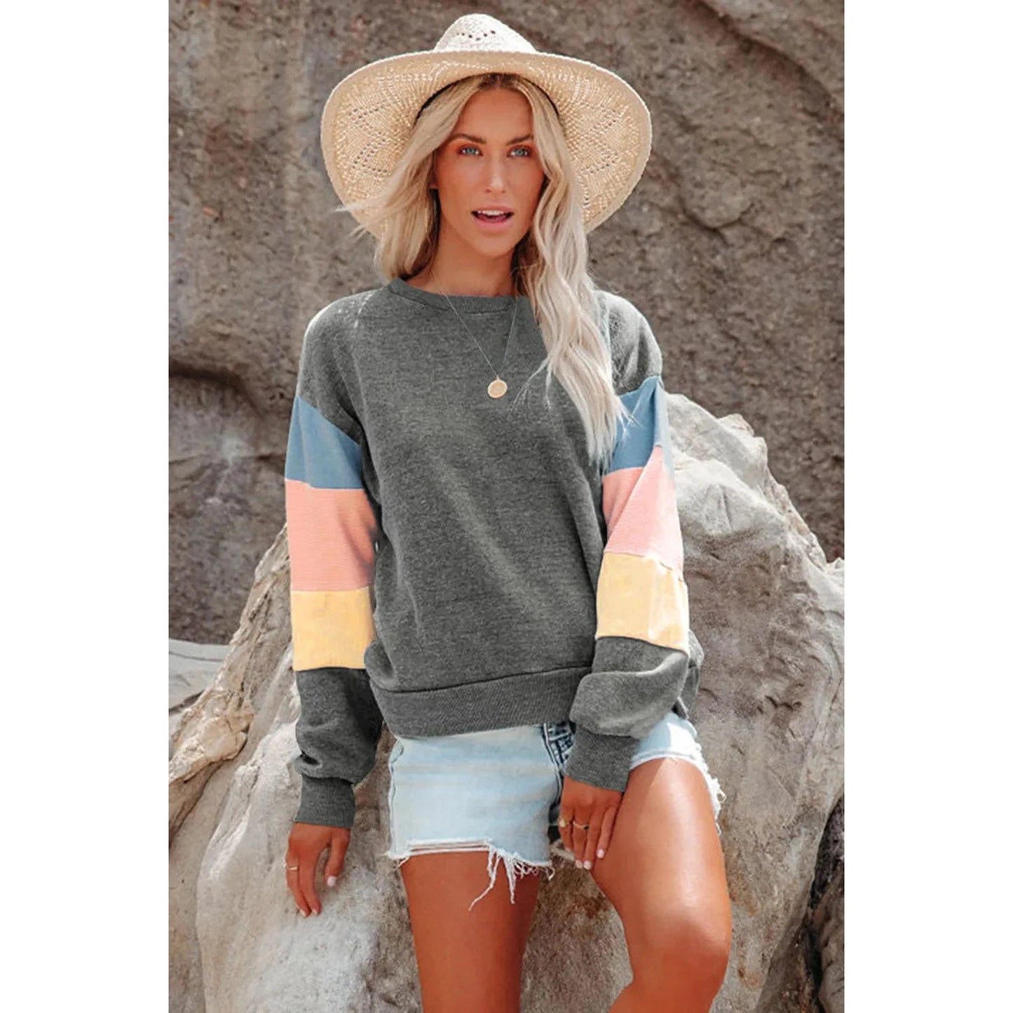 Marimar Grey Color Block Round Neck Long Sleeve Sweatshirt