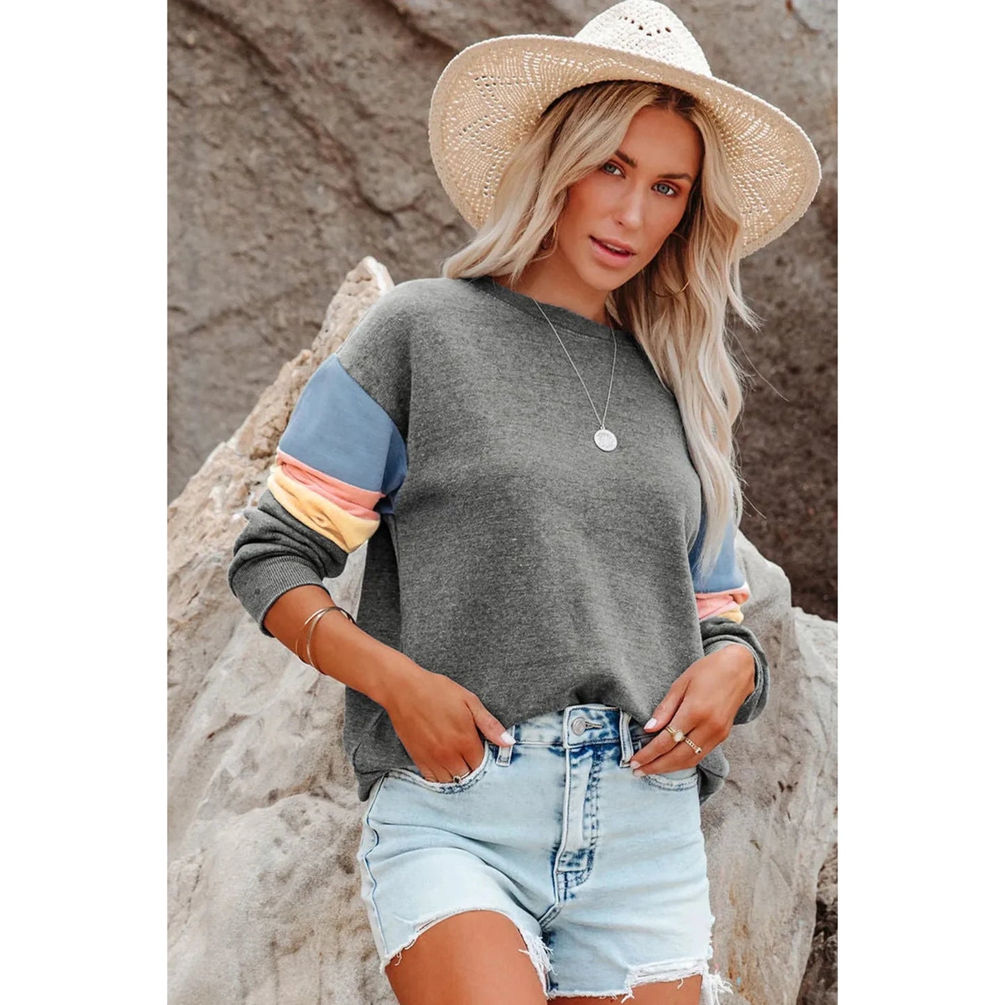 Marimar Grey Color Block Round Neck Long Sleeve Sweatshirt