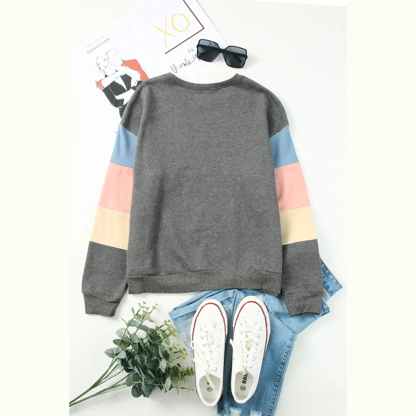 Marimar Grey Color Block Round Neck Long Sleeve Sweatshirt
