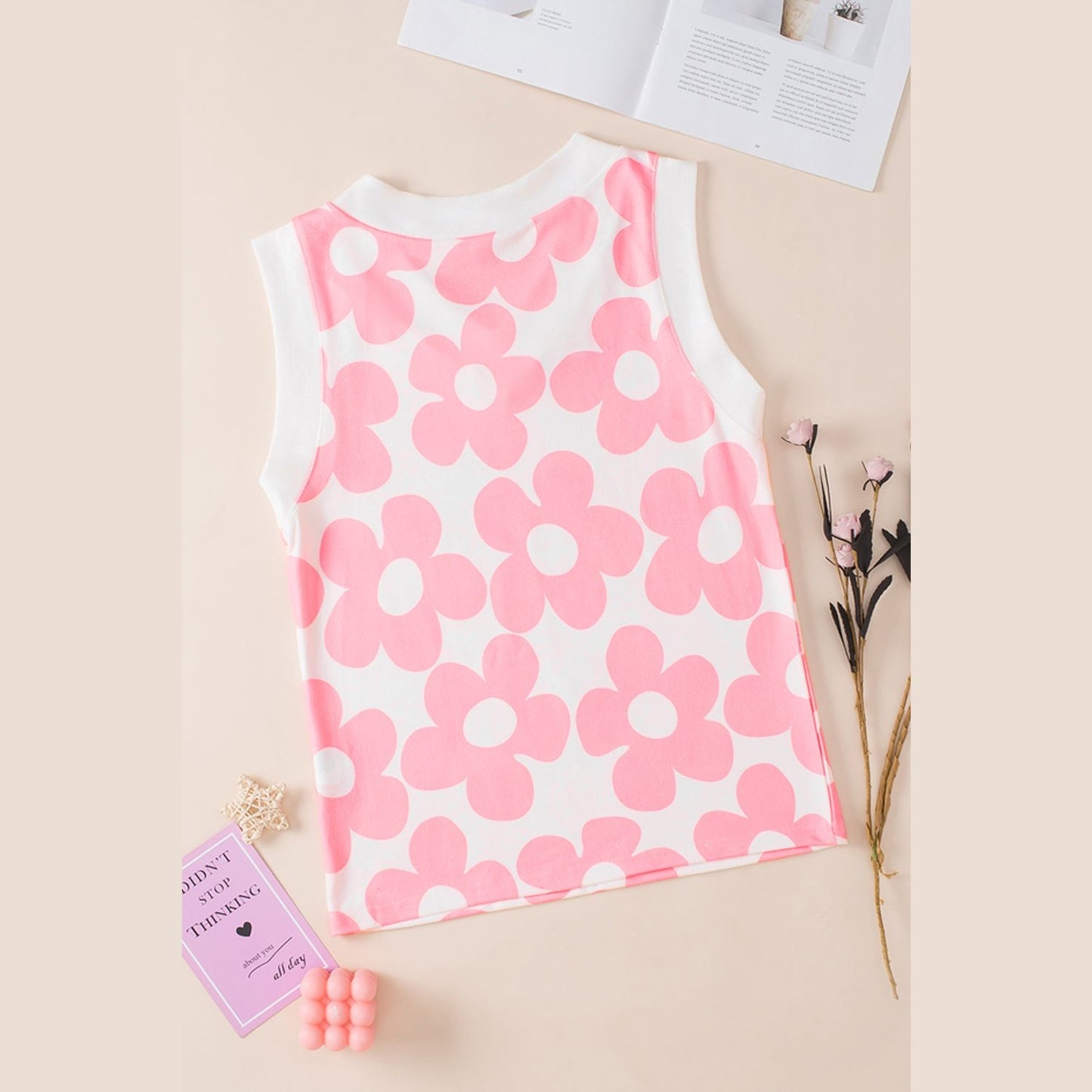 Marinda Pink Cute Flower Knitted V Neck Tank Top