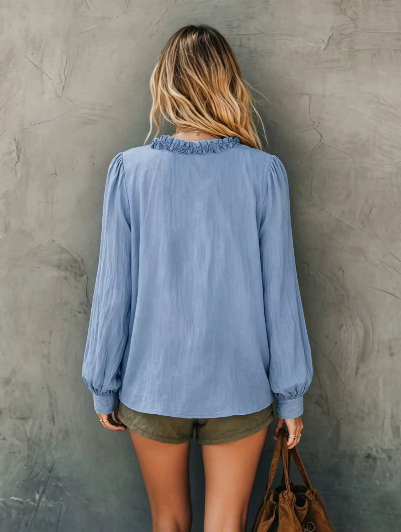 Mariselle Blue Light & Airy Ruffle Detail Blouse
