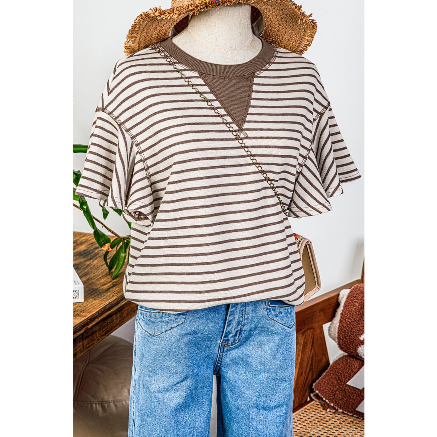 Maritsa Brown Contrast Detail Striped Ruffle Short Sleeve Top