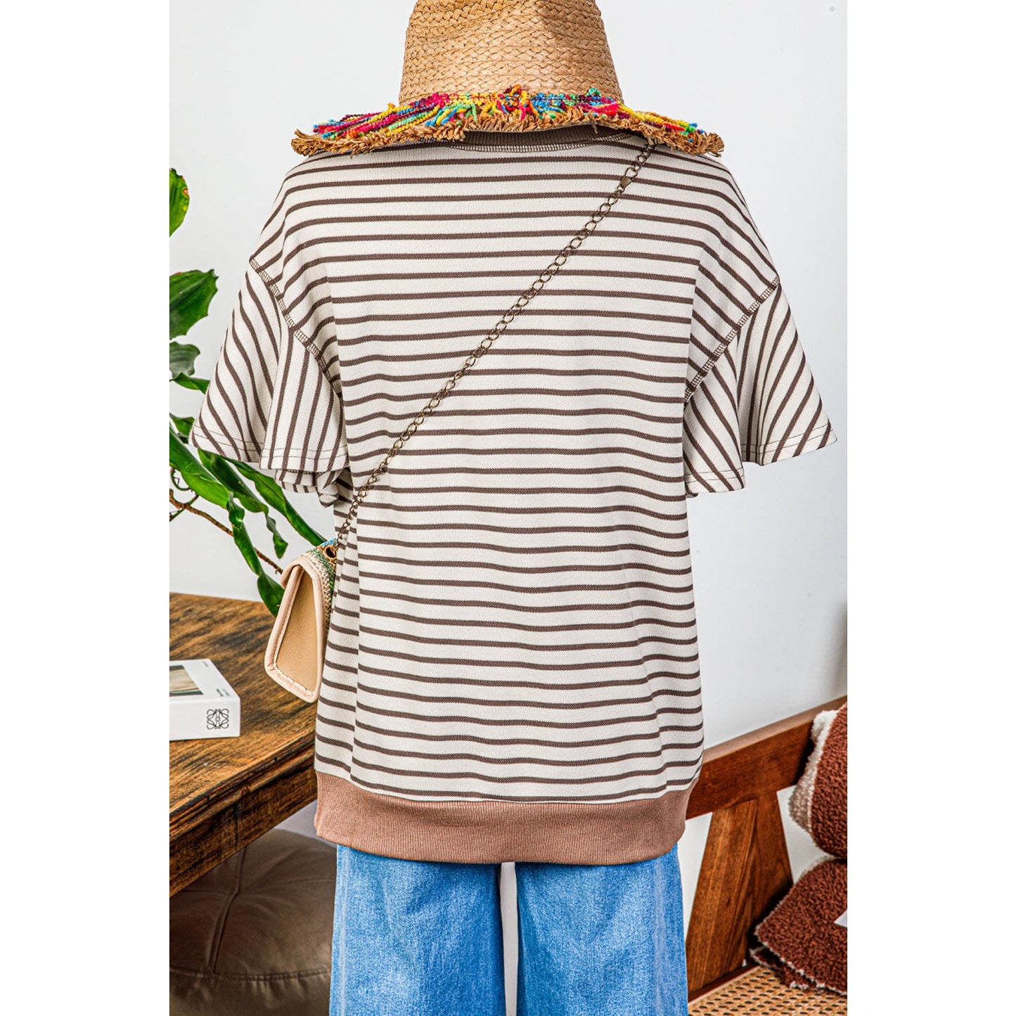 Maritsa Brown Contrast Detail Striped Ruffle Short Sleeve Top