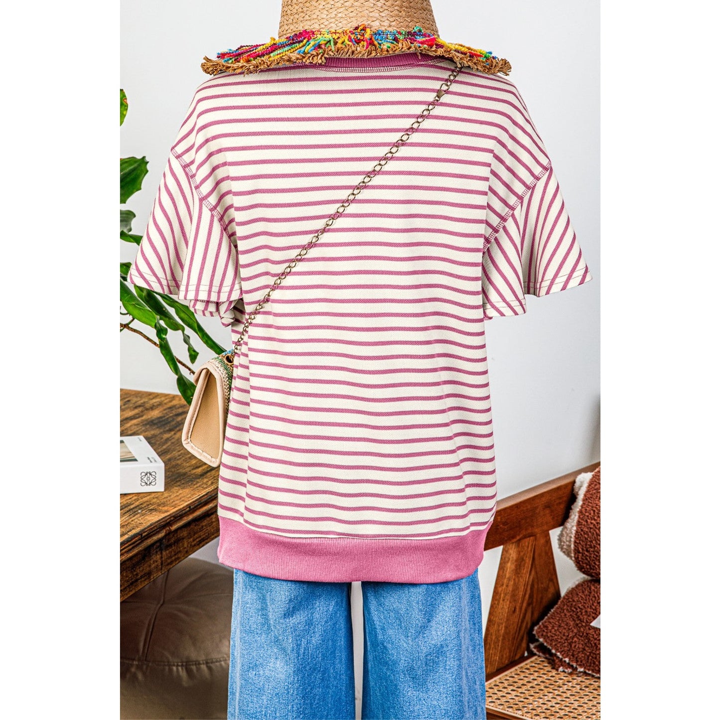 Maritsa Pink Contrast Detail Striped Ruffle Short Sleeve Top