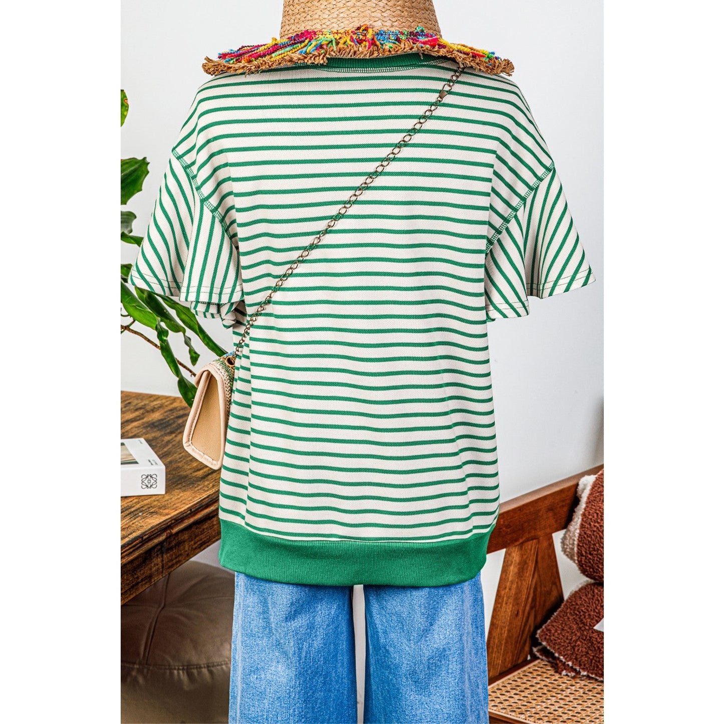 Maritsa Green Contrast Detail Striped Ruffle Short Sleeve Top