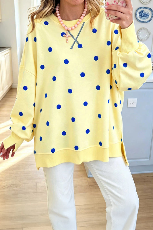 Marjorie Yellow Polka Dot Loose Long Sleeve Split Hem Pullover Top