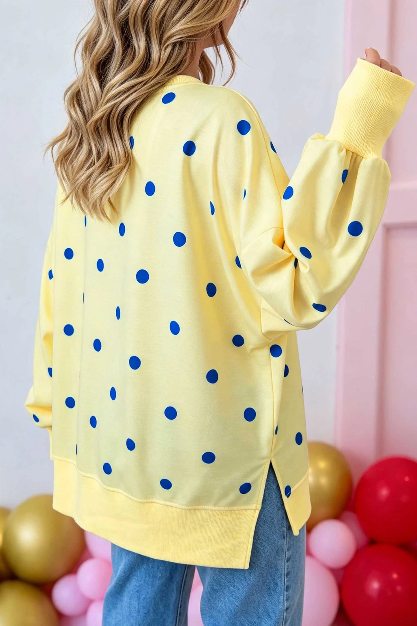 Marjorie Yellow Polka Dot Loose Long Sleeve Split Hem Pullover Top