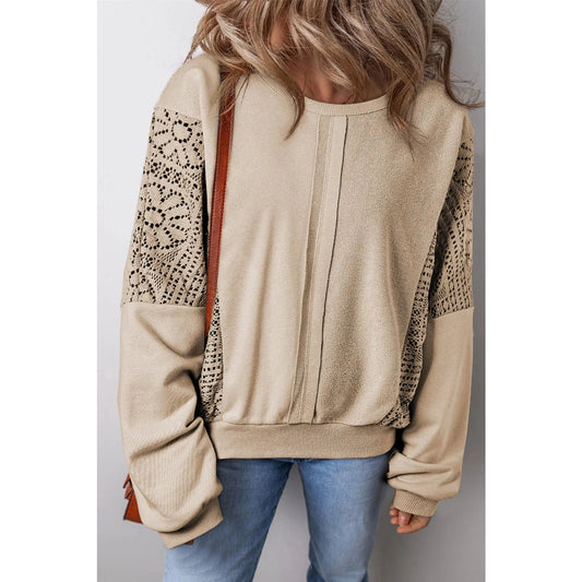 Marla Parchment Knit Crochet Exposed Seam Ribbed Trim Sweatshirt