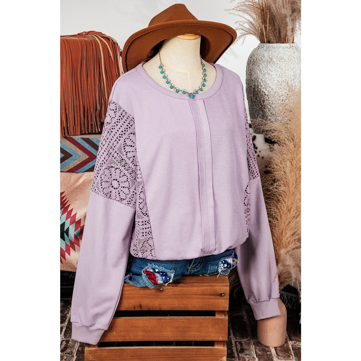 Marla Orchid Petal Knit Crochet Exposed Seam Ribbed Trim Sweatshirt