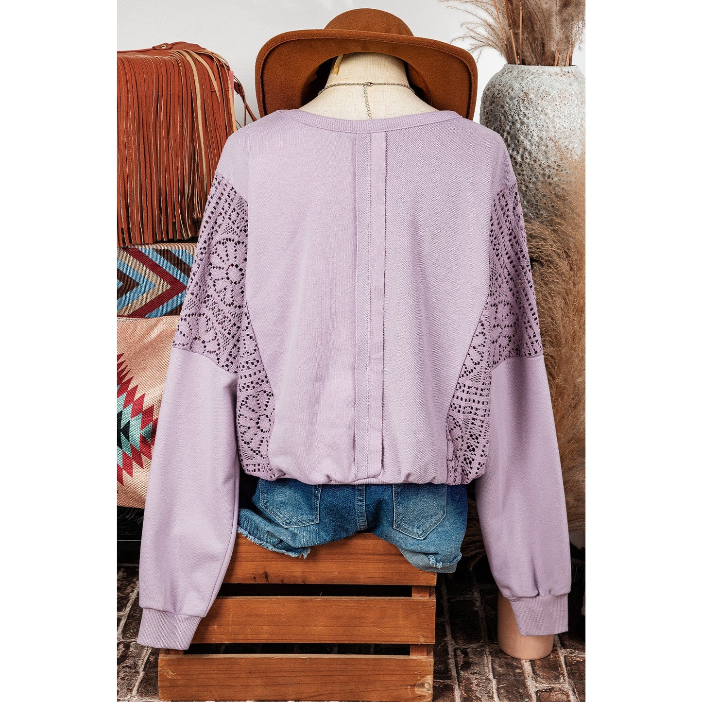 Marla Orchid Petal Knit Crochet Exposed Seam Ribbed Trim Sweatshirt