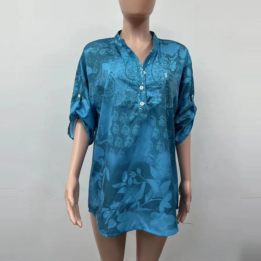 Marlee Blue Floral Embellished Pocket Blouse
