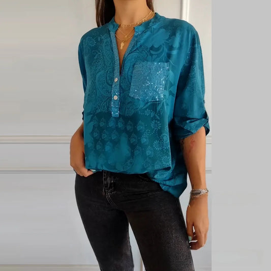 Marlee Blue Floral Embellished Pocket Blouse
