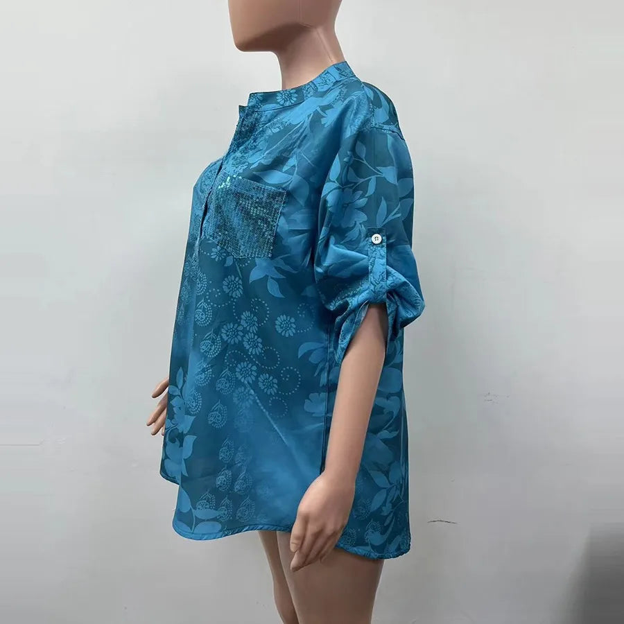 Marlee Blue Floral Embellished Pocket Blouse