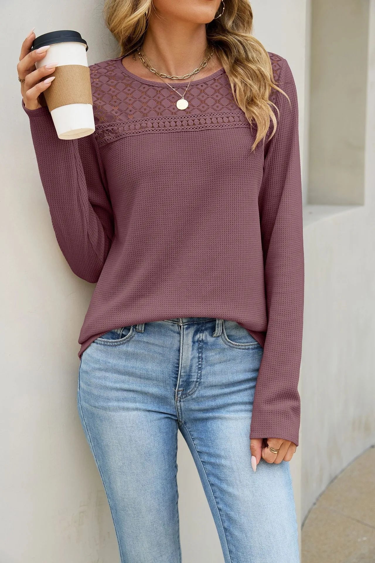 Marleem Mauve Lace‑Yoke Textured Top