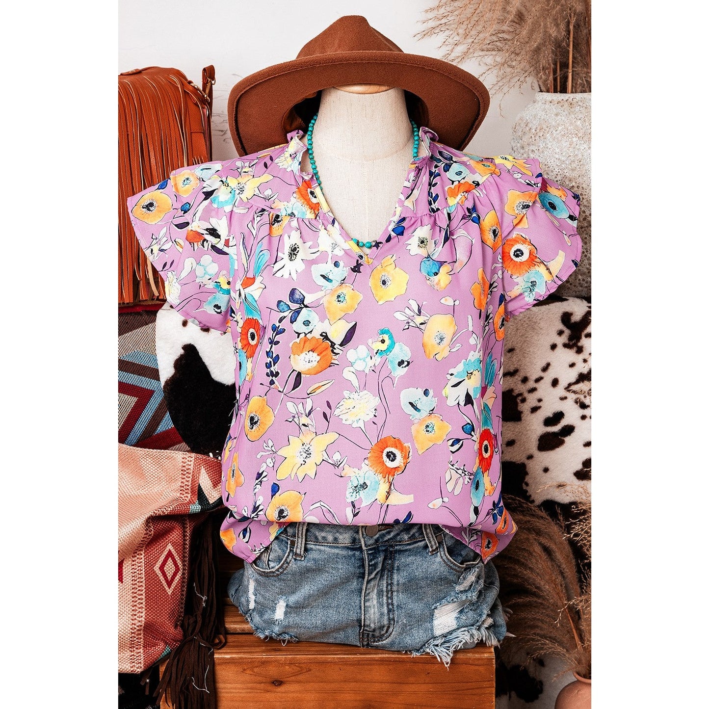 Marlene Pink Flutter Sleeve V Neck Floral Top