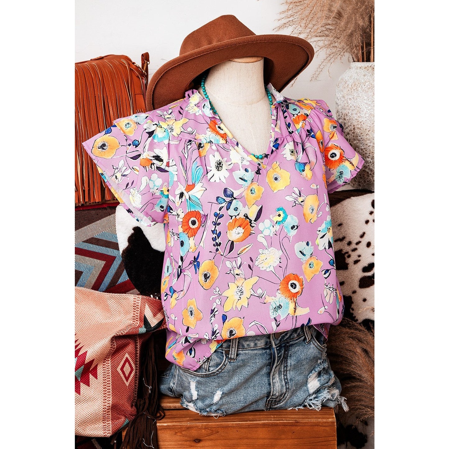Marlene Pink Flutter Sleeve V Neck Floral Top