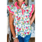 Marley Floral Print Color Block Striped Trim Flutter Sleeve Half Button Blouse