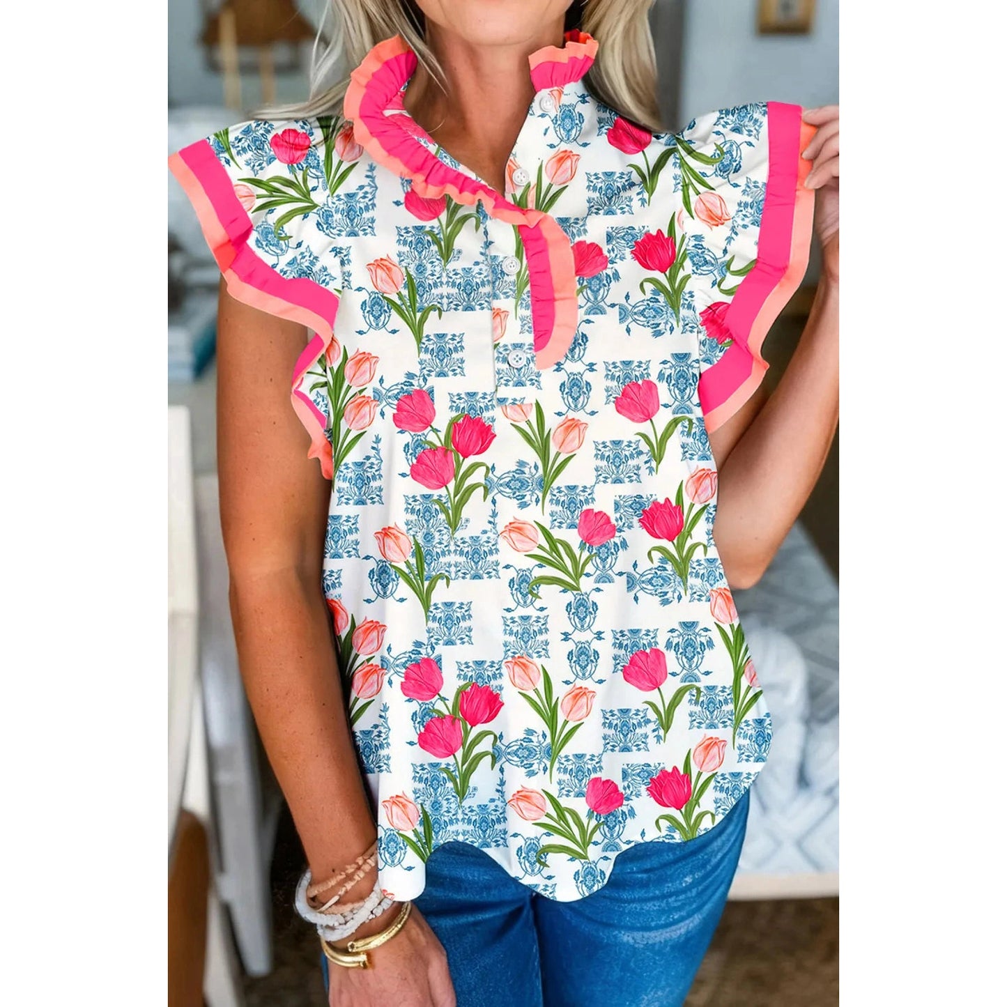 Marley Floral Print Color Block Striped Trim Flutter Sleeve Half Button Blouse