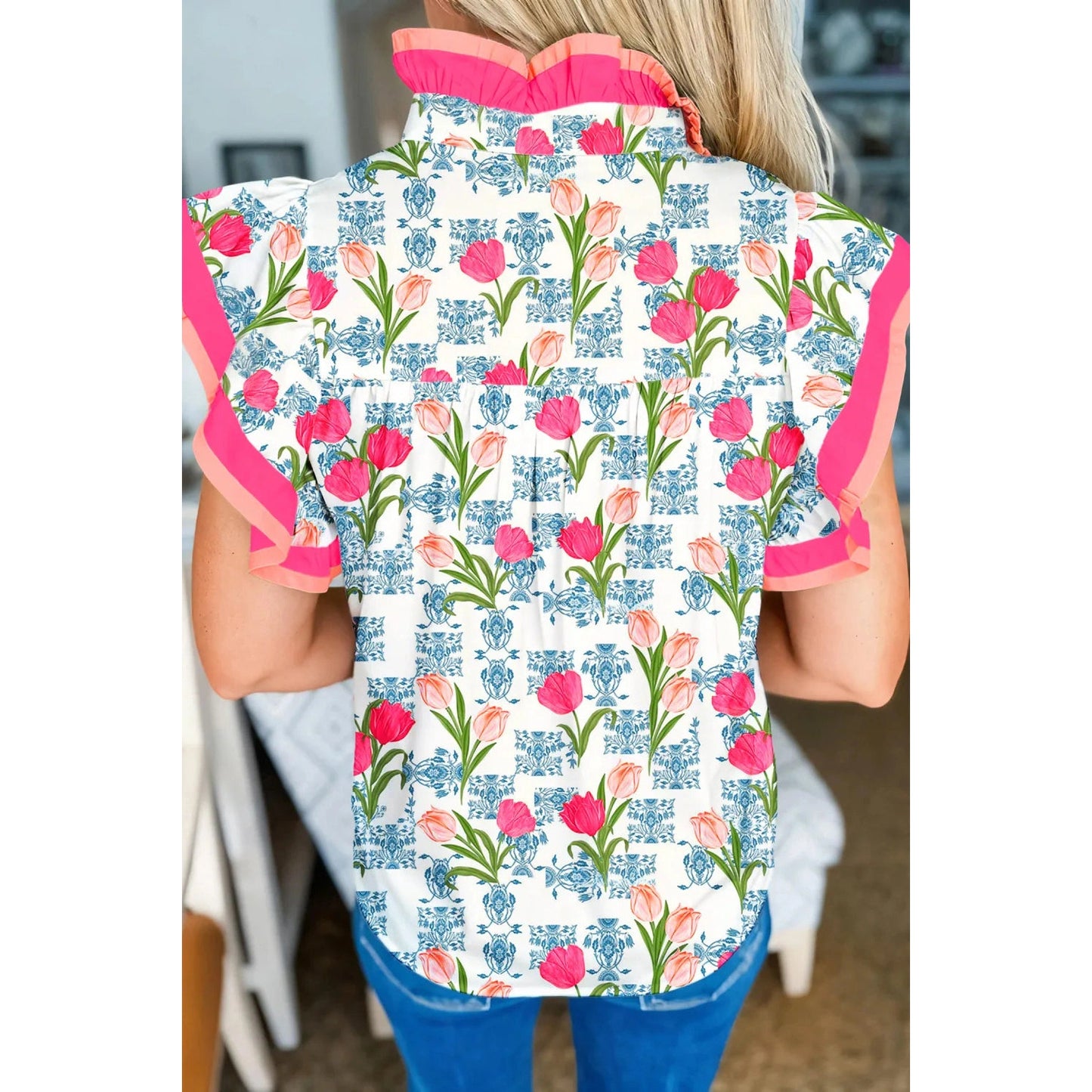 Marley Floral Print Color Block Striped Trim Flutter Sleeve Half Button Blouse