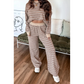 Marli Khaki Stripe Contrast Trim Long Sleeve Top Elastic Waist Pants Set