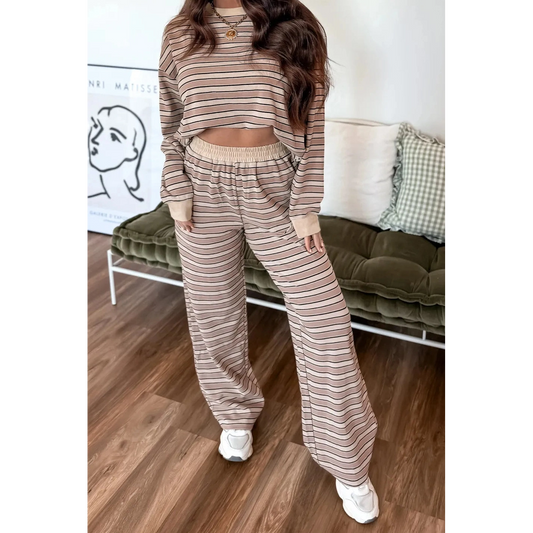 Marli Khaki Stripe Contrast Trim Long Sleeve Top Elastic Waist Pants Set