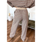 Marli Khaki Stripe Contrast Trim Long Sleeve Top Elastic Waist Pants Set