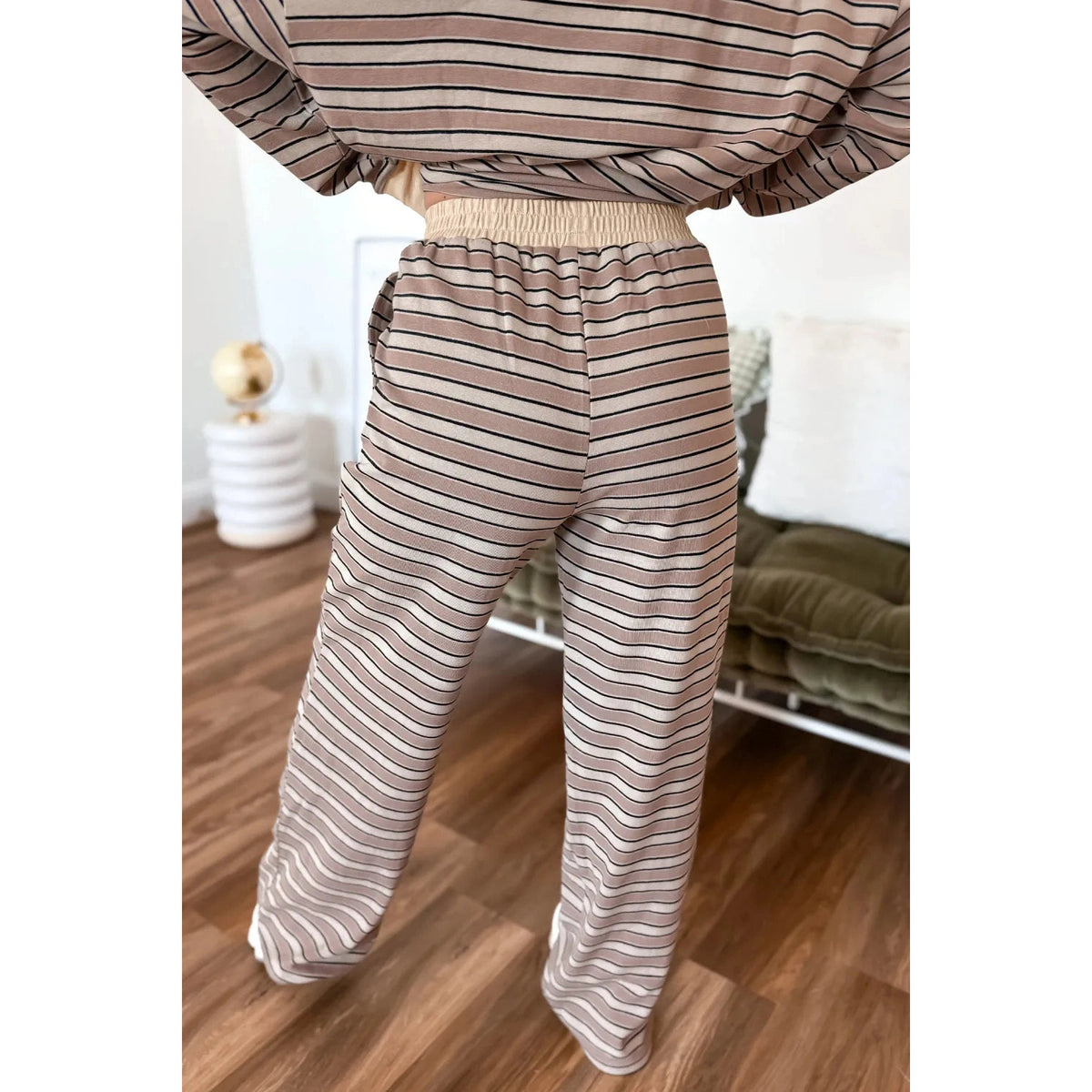 Marli Khaki Stripe Contrast Trim Long Sleeve Top Elastic Waist Pants Set